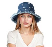 AYPOW Fischerhut Baumwolle Denim Bucket Hat Damen Faltbar Sonnenhut, Sommer Leicht UV-Schutz Strandhut Täglich Anglerhut, Mode Gänseblümchen Sommerhüte Packable Picknick Caps für Outdoor Wandern