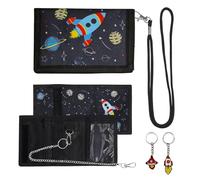 AYSYR Portmonee Kinder und Schlüssel Set,Geldbeutel Kinder Trifold,Brustbeutel mit Reißverschluss Münztasche,Portemonnaie Jungen Weltraumrakete,Portemonnaie Mädchen mit Fotofach,Metallkette