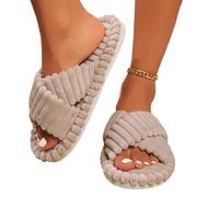 AYWTIUN Hausschuhe Damen Winter Cord Cross Band Home Hausschuhe Frauen Herbst Winter Warme Plüsch Rutschen Frau Innen Schlafzimmer Weiche Sohle Baumwolle Hausschuhe(Khaki,38-39)