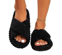 AYWTIUN Hausschuhe Damen Winter Cord Cross Band Home Hausschuhe Frauen Herbst Winter Warme Plüsch Rutschen Frau Innen Schlafzimmer Weiche Sohle Baumwolle Hausschuhe(Black,42-43)