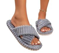 AYWTIUN Hausschuhe Damen Winter Cord Cross Band Home Hausschuhe Frauen Herbst Winter Warme Plüsch Rutschen Frau Innen Schlafzimmer Weiche Sohle Baumwolle Hausschuhe(Gray,40-41)