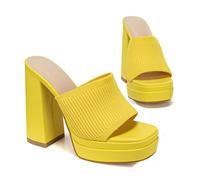 azmodo Elegante Pantoletten mit hohem klobigem Absatz für Damen, schicke Plateau-Sommer-Slip-Ons, Blockabsatz, Keilschuhe mit Strick-Obermaterial, modisch, elegante Abend-, Party-Schuhe, gelb, 38 EU