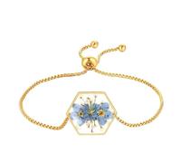 Azonelife Vergissmeinnicht und Queen Annes gepresstes Wildblumen Spitzenarmband, Echte Blume handgemachter Armband Gold gepresstes blumen-Harz-Armband Vergissmeinnicht schmuck Abschiedsgeschenk