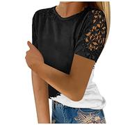 Azruma äRmelloses Shirt Damen Long Top Damen Lang Bluse Frauen Elegant Einfarbig Rundhals Spitze Kurze ÄRmel T Shirt Mit Hohle Locker Oberteile Laufshirt (3-White, XL)