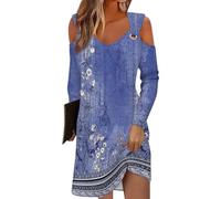 Azruma Angebot des Tages, Kleider Damen Sommer Sommerkleid Damen Elegant Blumendruck V-Ausschnitt Langarm Bluse Kleid Lässiges Mini Eyelet Kleider Boho Kleid Sundress(Dark Blue,XXL)
