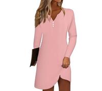 Azruma Angebot des Tages, Sommerkleid A Linien Kleid Damen Sommer Bluse Kleid V-Ausschnitt Gradient Knopfleiste Minikleid Lässiges Leichtes Lange Ärmel Kleid Sommer Sommerkleid Lang(Pink,XXL)