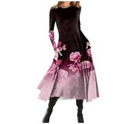 Azruma Angebot des Tages, Sommerkleid Ballkleid Blumendruck Rundhalst Mixikleid Taille Langes Kleid Mit Tasche Kleid Damen Sommer Sommer Kleid(Hot Pink,S)