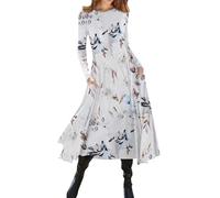 Azruma Angebot des Tages, Sommerkleid Midi Kleid Hochzeitsgast Damen Blumendruck Rundhals Langarm Kleid Elegant Tunika Maxikleid Mit Tasche Boho Kleid Midikleid Damen(Royal Blue,S)