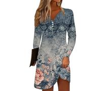 Azruma Angebot des Tages, Sommerkleider Damen Sommerkleid Damen Elegant Blumendruck V-Ausschnitt Knopfleiste Minikleid Casual Herbst Langarmshirt Kleid Kleid Sommer Midikleid Damen(Navy,S)