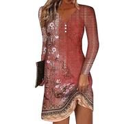 Azruma Angebot des Tages, Summer Dress Strandkleid Damen Luftig Blumendruck V-Ausschnitt Knopfleiste Lange Ärmel T-Shirt Kleid Lässiges Minikleid Kleid Damen Sommer Sommerkleid Damen Midi(Red,XXL)