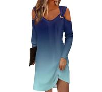 Azruma Angebote Damen, Midi Kleid Damen Sommer Kleid Damen V-Ausschnitt Kaltes Schulter Freizeitkleid Bluse Kleid Lässiges Minikleid Eyelet Kleid Weißes Kleid Midikleid Damen(Royal Blue,L)