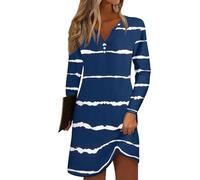 Azruma Angebote Damen, Sommerkleid Damen Lang Shirtkleid Damen Gestreiftesdruck V-Ausschnitt Lange Ärmel Bluse Kleid Casual Knopfleiste Minikleid Weißes Kleid Schicke Sommerkleider(Navy,L)