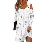 Azruma Angebote Damen, Sommerkleid Damen Tshirt Kleid Damen Blumendruck V-Ausschnitt Langarm Bluse Kleid Lässiges Mini Eyelet Kleider Hochzeitsgast Kleid Damen Sommerkleider(Multicolor,L)