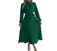 Azruma Angebote Damen, Sommerkleider Damen Ballkleid Einfarbig Stehkragen Herbst Lange Ärmel Plissee Kleid Elegant Partykleid Hochzeitsgast Kleid Damen Kleid Damen Sommer Lang(Green,L)
