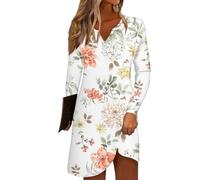 Azruma Angebote Damen, Sommerkleider Damen Knielang Pareos & Strandkleider Für Damen Druck V-Ausschnitt Knopfleiste Minikleid Lässiger Herbst Lange Ärmel T-Shirt Kleid Hochzeitsgast (,)(,)