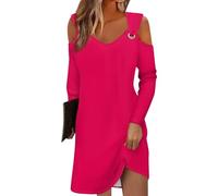 Azruma Angebote Damen, Sommerkleider Damen Strandkleider Damen Sommer V-Ausschnitt Kaltes Schulter Freizeitkleid Bluse Kleid Lässiges Minikleid Eyelet Kleid Kleid Hochzeitsgast Damen (Hot Pink,L)