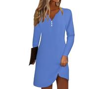 Azruma Angebote des Tages, Boho Kleid Kleid Damen Bluse Kleid V-Ausschnitt Gradient Knopfleiste Minikleid Lässiges Leichtes Lange Ärmel Kleid Hochzeitsgast Damen Damen Sommerkleid(Blue,L)