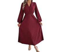 Azruma Angebote des Tages, Boho Kleid Strandkleid Damen Luftig Einfarbig Stehkragen Herbst Lange Ärmel Plissee Kleid Elegant Partykleid Weißes Kleid Etuikleid Damen Sommer(Wine,M)