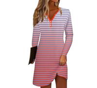 Azruma Angebote des Tages Heute Blitzangebote, Boho-Kleid Blusenkleid Damen V-Ausschnitt Streifenprint Knopfleiste Minikleid Casual Leichte Bluse Kleid Kleid Sommer Sommerkleider Knielang(Red,XXL)