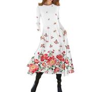 Azruma Angebote des Tages Heute Blitzangebote, Kleid Damen Sommer Elegante Kleider Damen Blumendruck Rundhalst Mixikleid Taille Langes Kleid Mit Tasche Tshirt Kleid Damen Sundress(White,XL)