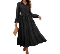 Azruma Angebote des Tages Heute Blitzangebote, Summer Dress Kleid Sommer Damen Einfarbig Revers Taste Herbst Maxikleid Elegant Bodycon Kleid Mit Gürtel Kleid Sommer Sommerkleid Lang(Schwarz,M)