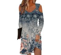 Azruma Angebote des Tages Heute Damen, Sommerkleid Midi Blusenkleid Damen Sommer Blumendruck V-Ausschnitt Lange Ärmel T-Shirt Kleid Lässiges Minikleid Boho Kleid Damen Blusenkleid(Navy,XL)