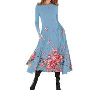 Azruma Angebote des Tages Heute Damen, Sommerkleid Tshirt Kleid Damen Blumendruck Rundhalst Mixikleid Taille Langes Kleid Mit Tasche Sexy Kleid Damen Boho Kleider Damen Sommer(Sky Blue,S)