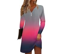 Azruma Angebote des Tages, Sommerkleid Damen Elegant Boho Kleid Damen Bluse Kleid V-Ausschnitt Gradient Knopfleiste Minikleid Lässiges Leichtes Lange Ärmel Weißes Kleid Midikleid Damen(Gray,L)