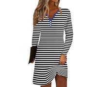 Azruma Angebote des Tages, Sommerkleider Damen Kleid Damen Sommer Gestreiftesdruck V-Ausschnitt Lange Ärmel Bluse Kleid Casual Knopfleiste Minikleid Boho-Kleid Damen Sommerkleid(Black,L)