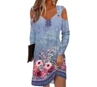 Azruma Angebote des Tages, Summer Dress Hochzeitsgast Kleid Damen Blumendruck V-Ausschnitt Langarm Bluse Kleid Lässiges Mini Eyelet Kleider Weißes Kleid Dresses for Women(Blue,M)