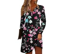 Azruma Angebote Tages Blitzangebote Heute, Boho Kleid Kleider Sommer Blumendruck V-Ausschnitt Knopfleiste Minikleid Casual Herbst Langarmshirt Kleid Kleid Sommer Langarm Kleid Damen(Black,S)