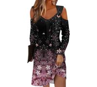 Azruma Angebote Tages Blitzangebote Heute, Kleider Damen Sommer Blusenkleid Blumendruck V-Ausschnitt Langarm Bluse Kleid Lässiges Mini Eyelet Kleider Kleid Damen Sommer Kleid Langarm(Purple Pink,XXL)