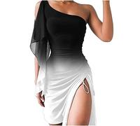 Azruma Azuma Sommerkleid Damen Sexy Eine Schulter Schulterfrei Kordelzug Schlitz Mini Kleider Slim Elegant Kurze Kleider Sommer Party Shirtkleid Tunikakleid Blusenkleid Partykleid Strandkleid