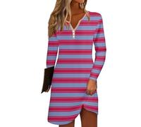 Azruma Blitzangebote, Boho-Kleid Sommerkleider Damen Leicht Und Luftig V-Ausschnitt Streifenprint Knopfleiste Minikleid Casual Leichte Bluse Kleid Weißes Kleid Maxikleid Langarm(Hot Pink,M)