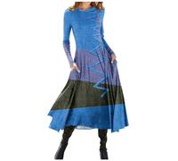 Azruma Blitzangebote, Kleider Damen Sommer Kleider Damen Druck Rundhals Maxikleid Taille Langarm Kleid Mit Tasche Kleid Damen Elegant Sommer Kleid(Blue,S)