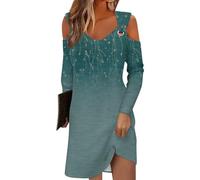 Azruma Blitzangebote, Sommerkleid Tshirt Kleid Damen Blumendruck V-Ausschnitt Lange Ärmel T-Shirt Kleid Lässiges Minikleid Kleid Hochzeitsgast Damen Kleid Damen Sommer Lang(Green,M)