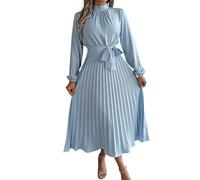 Azruma Blitzangebote, Summer Dress Strandkleid Damen Luftig Einfarbig Stehkragen Herbst Lange Ärmel Plissee Kleid Elegant Partykleid Weißes Kleid Infinity Kleid(Light Blue,S)