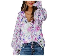Azruma Bluse Damen Elegant Blumendruck Puff Ärmel Langarm V-Ausschnitt Sweatshirts Locker Freizeit Langarmshirts Herbst Winter T Shirts Pullover Oberteile Blusen Blusentops Streetwear Blusentops
