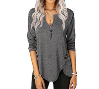Azruma Blusenshirt Damen Tshirt Damen Elegant Sommer Shirt Damen Elegant Einfarbig V-Ausschnitt Langarm Plus Size T Shirt Mit Zipper LäSsiges Asymmetric Button Down Oberteile Langarmshirt Damen