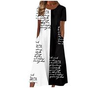 Azruma Brautjungfernkleider Gothic Kleidung Damen Black Dress Frauen Boho Drucken Rundhals Kurzarm Swing Lange Tunikakleid Mit Taschen MäDchen Kleid Festlich (7-Black, 3XL)