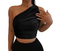 Azruma Damen Crop Top Sexy Glitzer One Shoulder Bauchfrei Rückenfrei Oberteil mit Rüschen Slim Fit Bodice Tank Top Elegant Party Tunika Sommer Clubwear