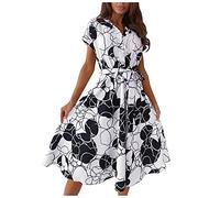 Azruma Damen Freizeit Kleid Mode V-Ausschnitt Kurzarm Maxikleider Lässige Sommerkleid Lockere elegant Midi Kleider Retro Strandkleid Beiläufige Blusenkleider Knielang Damenkleider Partykleid