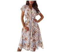 Azruma Damen Freizeit Kleid Mode V-Ausschnitt Kurzarm Maxikleider Lässige Sommerkleid Lockere elegant Midi Kleider Retro Strandkleid Beiläufige Blusenkleider Knielang Damenkleider Partykleid