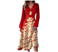 Azruma Damen Kleid Elegant Midi Kleider Damen Herbst Kleider Damen Knielang Frauen Festlich Weihnachts Drucken V-Ausschnitt Langarm Midi Swing Hoher Taille Kleid Abendkleid Damen Kurz (4-Gold, XL)