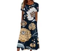 Azruma Damen Kleid Elegant RüCkenfreies Kleid BH Hawaii Outfit Damen Frauen Boho Drucken Rundhals Kurzarm Swing Lange Tunikakleid Mit Taschen Kleider FüR HochzeitsgäSte Knielang (3-Khaki, L)