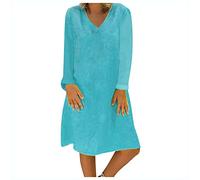 Azruma Damen Kleid Elegant Vintage V-Ausschnitt Langarm Knielang Kleid Einfarbig Herbst und Winter Kleid Locker Freizeit Kleider Shirtkleid Tunikakleid Blusenkleid Freizeitkleid Partykleid