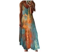 Azruma Damen Kleid Langarm GrüNes Kleid 1920Er Kleider Damen Damen Drucken V-Ausschnitt ÄRmelloses Swing Maxi SpaghettiträGer Kelider Brautmutter Kleider (3-Orange, 5XL)
