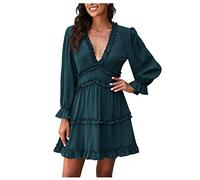 Azruma Damen Kleid Sexy Rüschen Tiefer V-Ausschnitt Puff Ärmel Langarm Mini Kleider Elegant Einfarbig Herbst Winter Swing Kurz Kleid Party Blusenkleid T Shirtkleid Tunikakleid Freizeitkleid