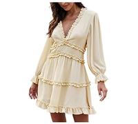 Azruma Damen Kleid Sexy Rüschen Tiefer V-Ausschnitt Puff Ärmel Langarm Mini Kleider Elegant Einfarbig Herbst Winter Swing Kurz Kleid Party Blusenkleid T Shirtkleid Tunikakleid Freizeitkleid