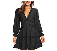 Azruma Damen Kleid Sexy Rüschen Tiefer V-Ausschnitt Puff Ärmel Langarm Mini Kleider Elegant Einfarbig Herbst Winter Swing Kurz Kleid Party Blusenkleid T Shirtkleid Tunikakleid Freizeitkleid